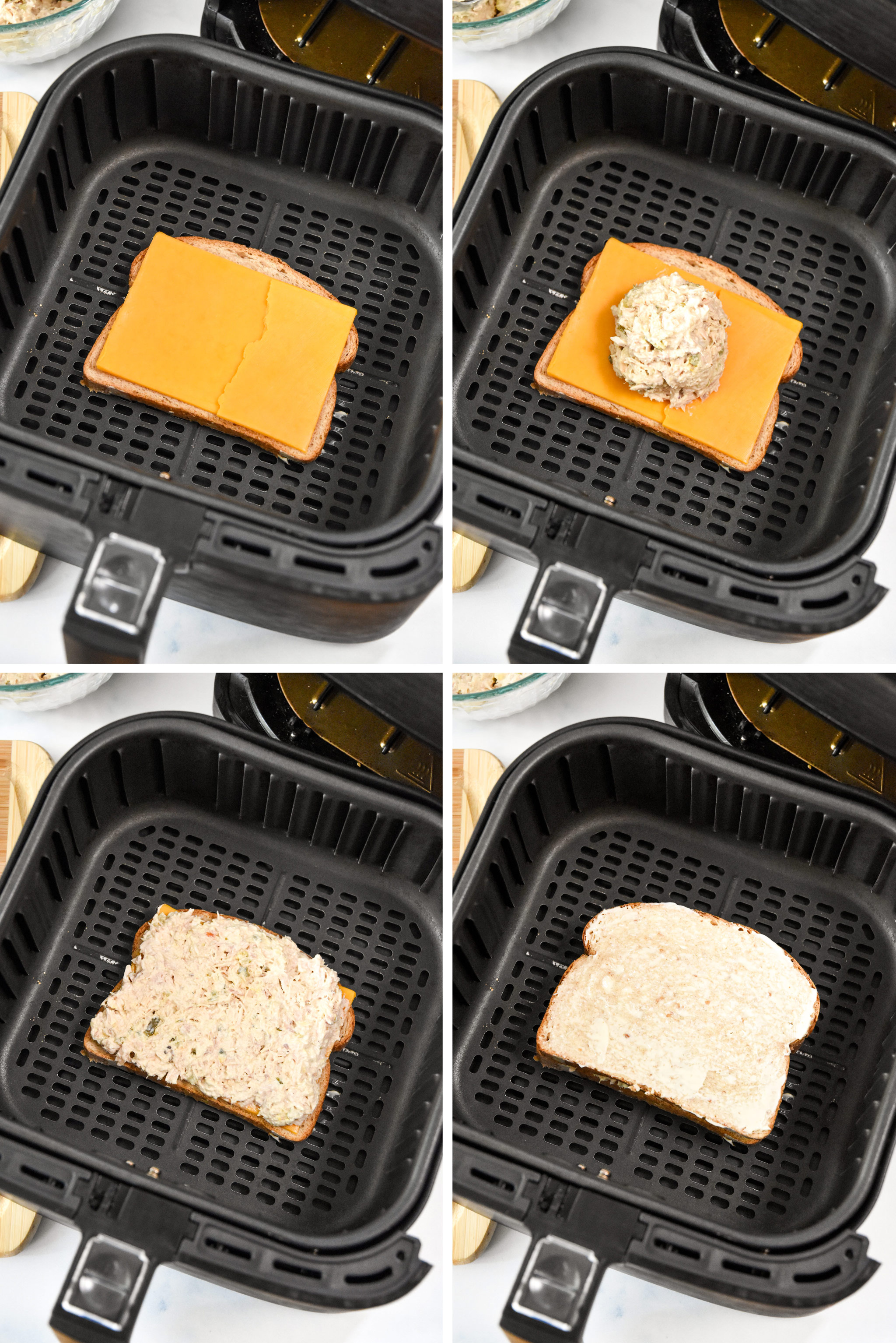 4 steps for assembling the air fryer tuna sandwich.