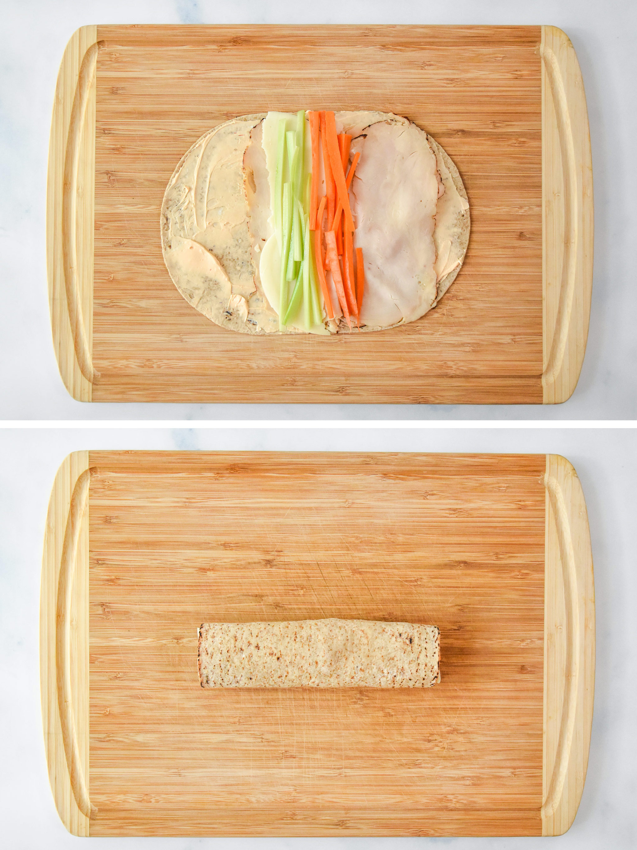 before and after rolling the buffalo chicken pinwheels.