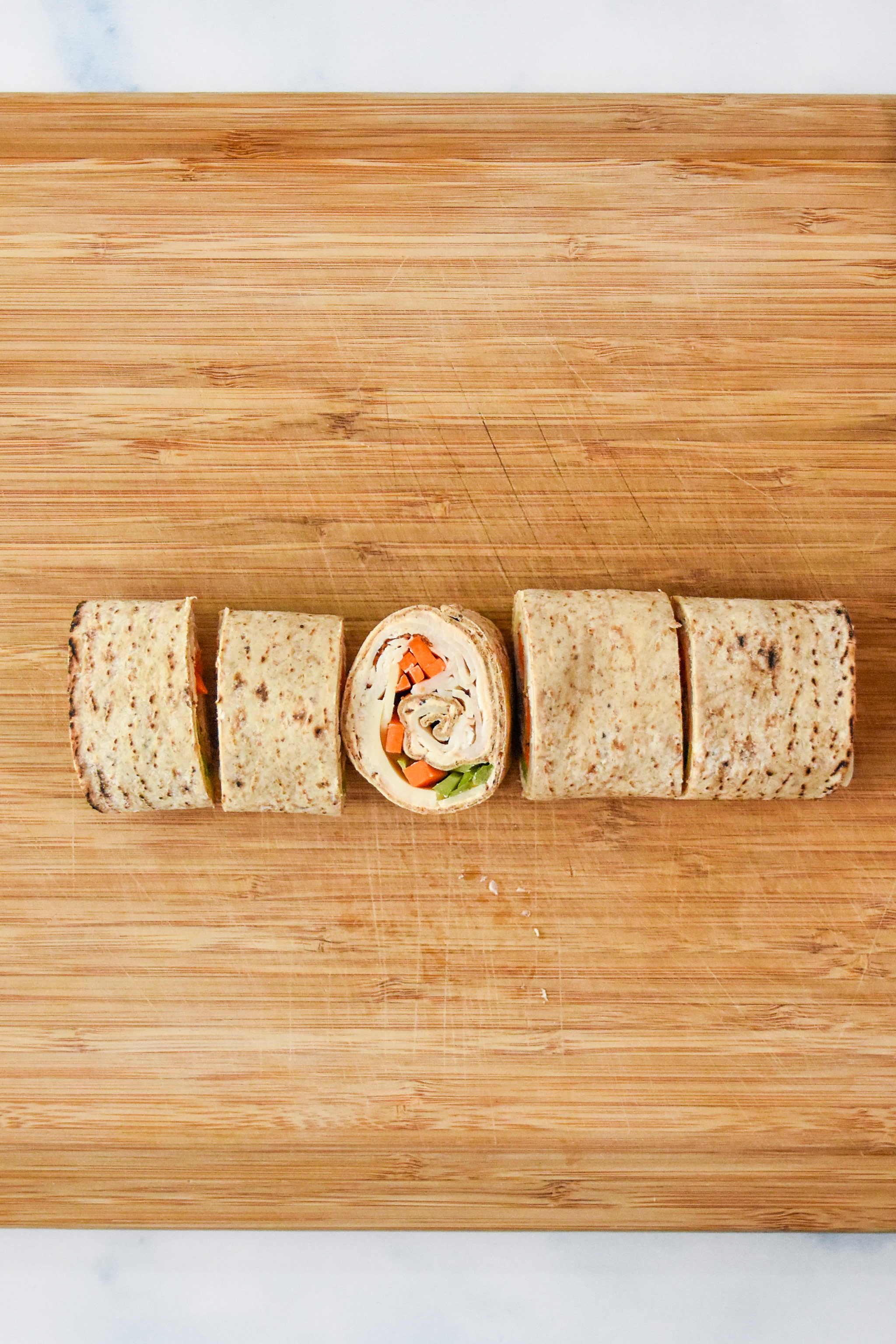 cut and rolled buffalo chicken pinwheel.