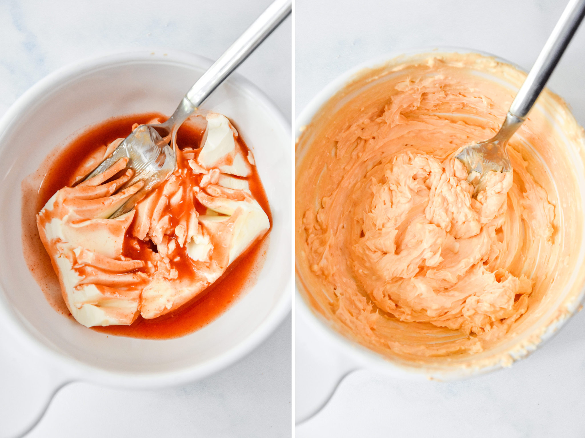 mixing up the buffalo cream cheese spread for the buffalo chicken pinwheels.