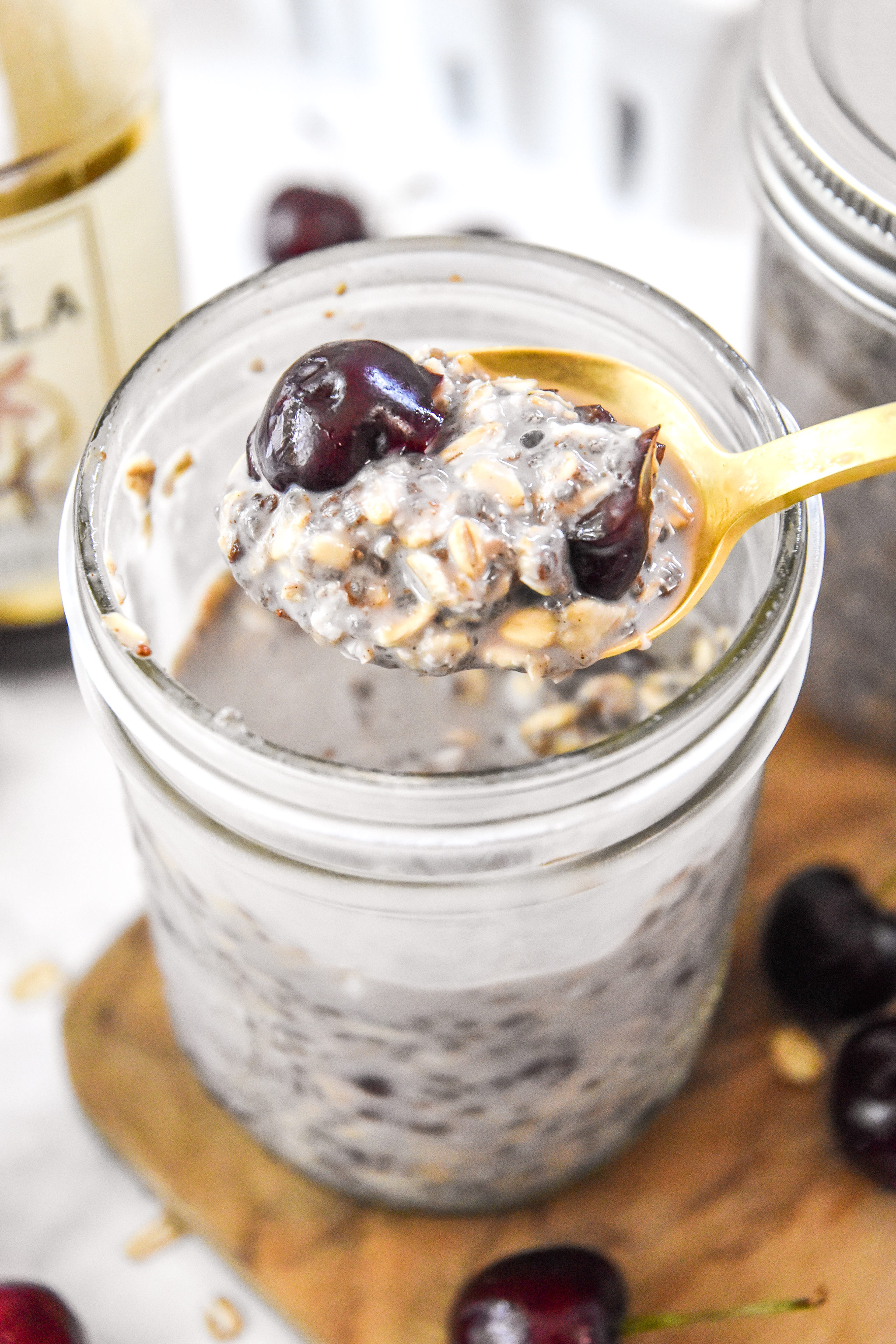 a spoonful of cherry vanilla overnight oats.