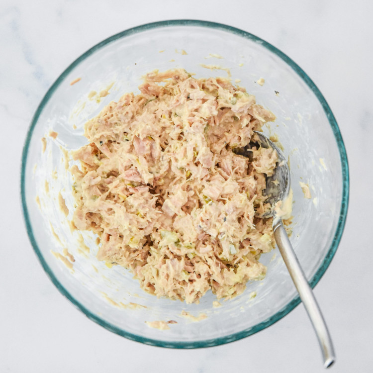 lazy no chop tuna salad all mixed up in a bowl.