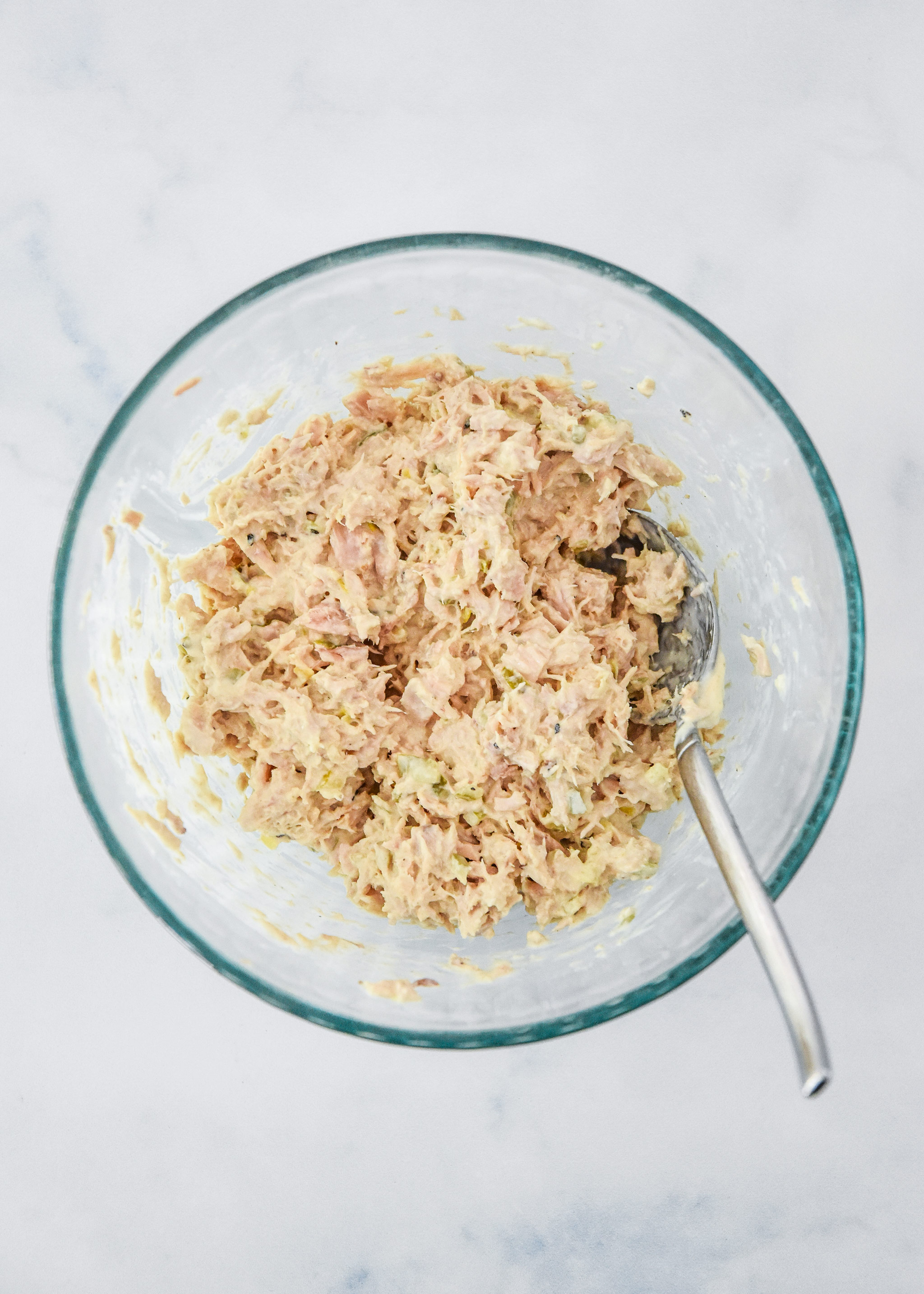 lazy no chop tuna salad all mixed up in a bowl.