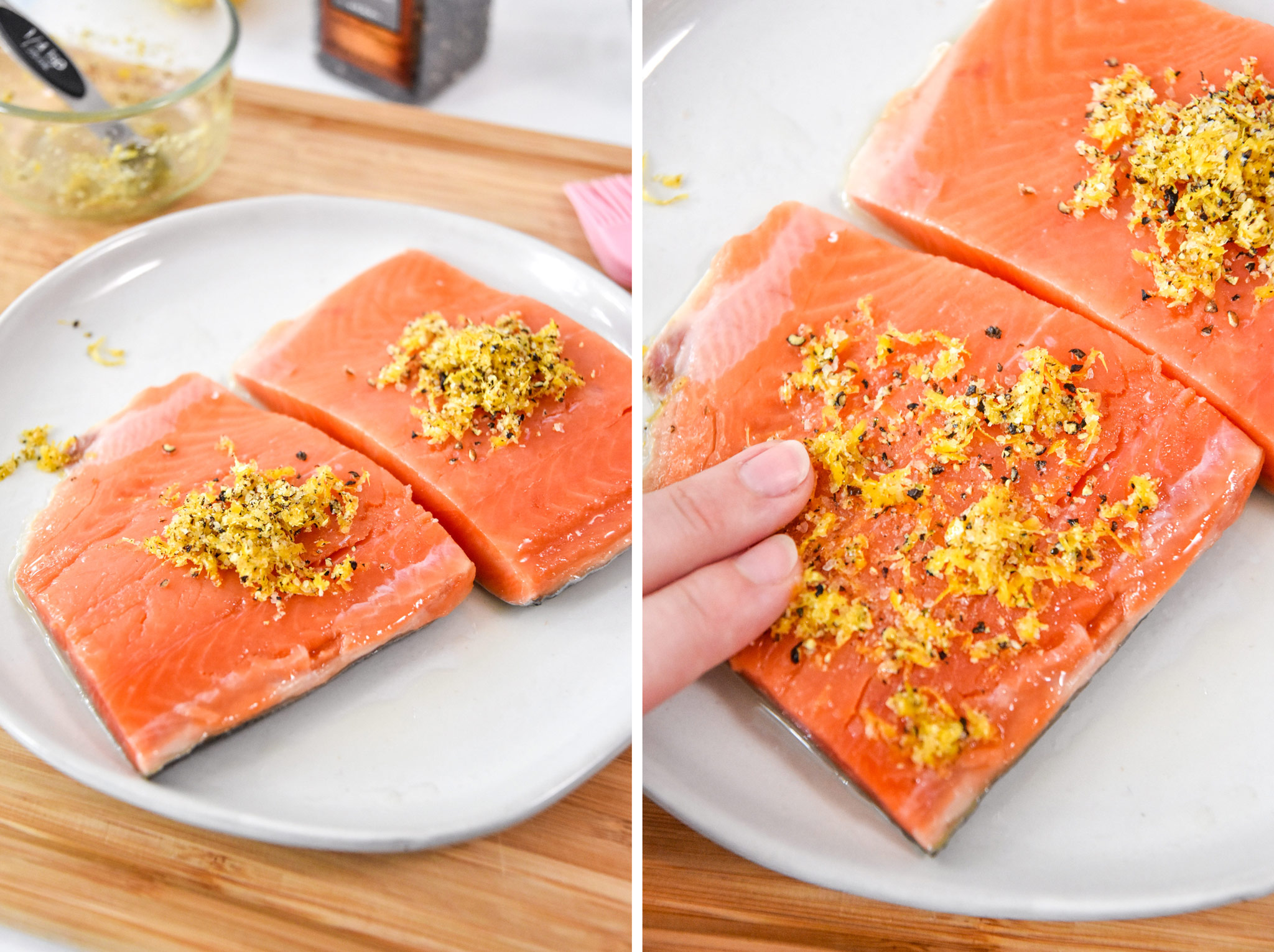 spreading the lemon pepper seasoning on the salmon fillets.