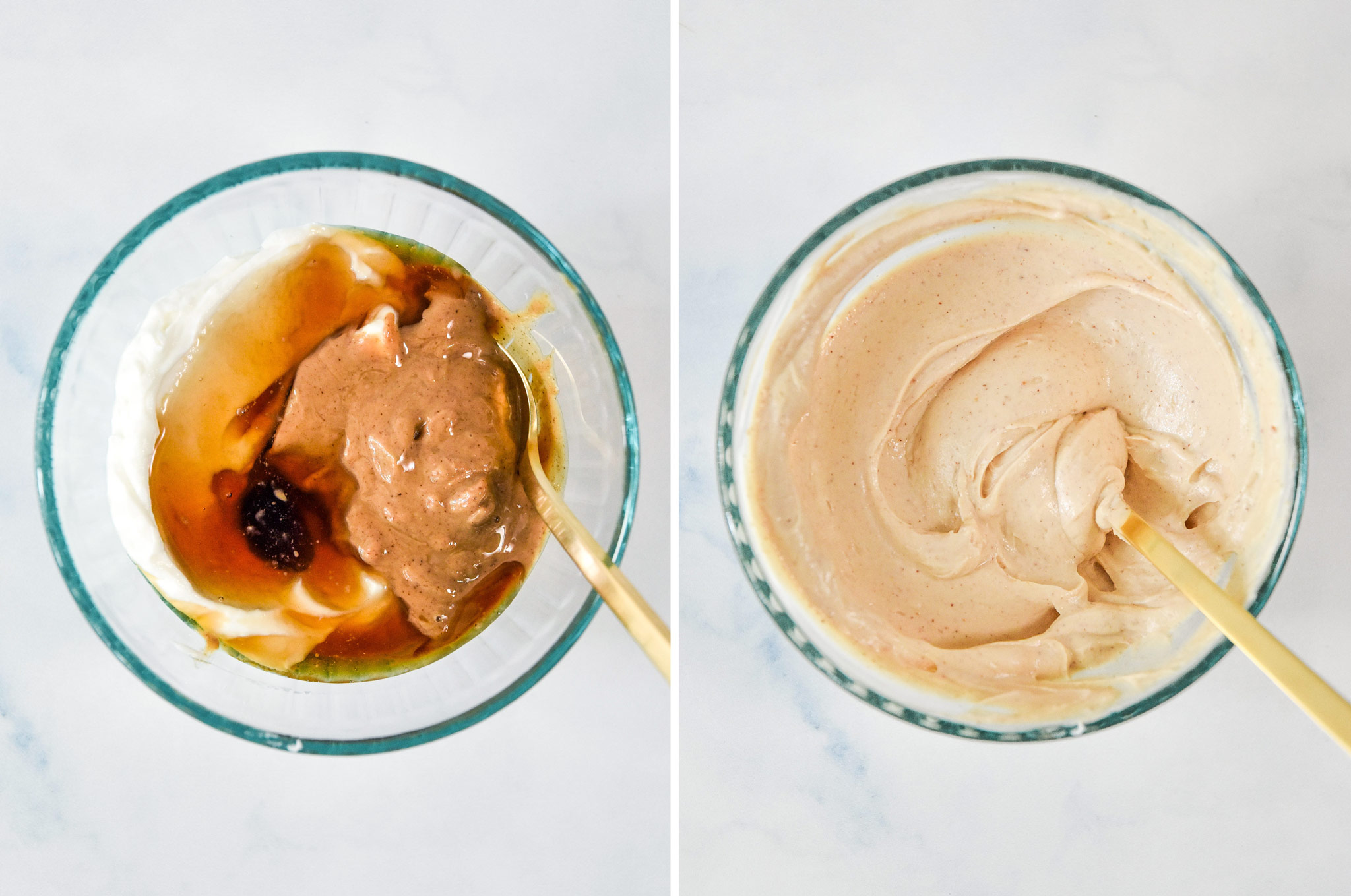before and after mixing up the peanut butter, maple syrup and yogurt.