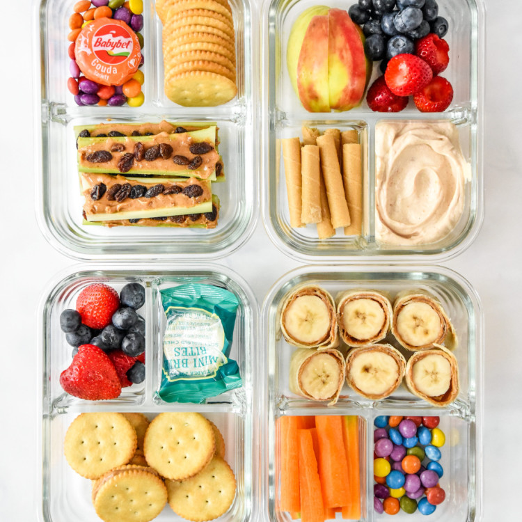 overhead shot of 4 4 Peanut Butter Snack Box Meal Prep Ideas.
