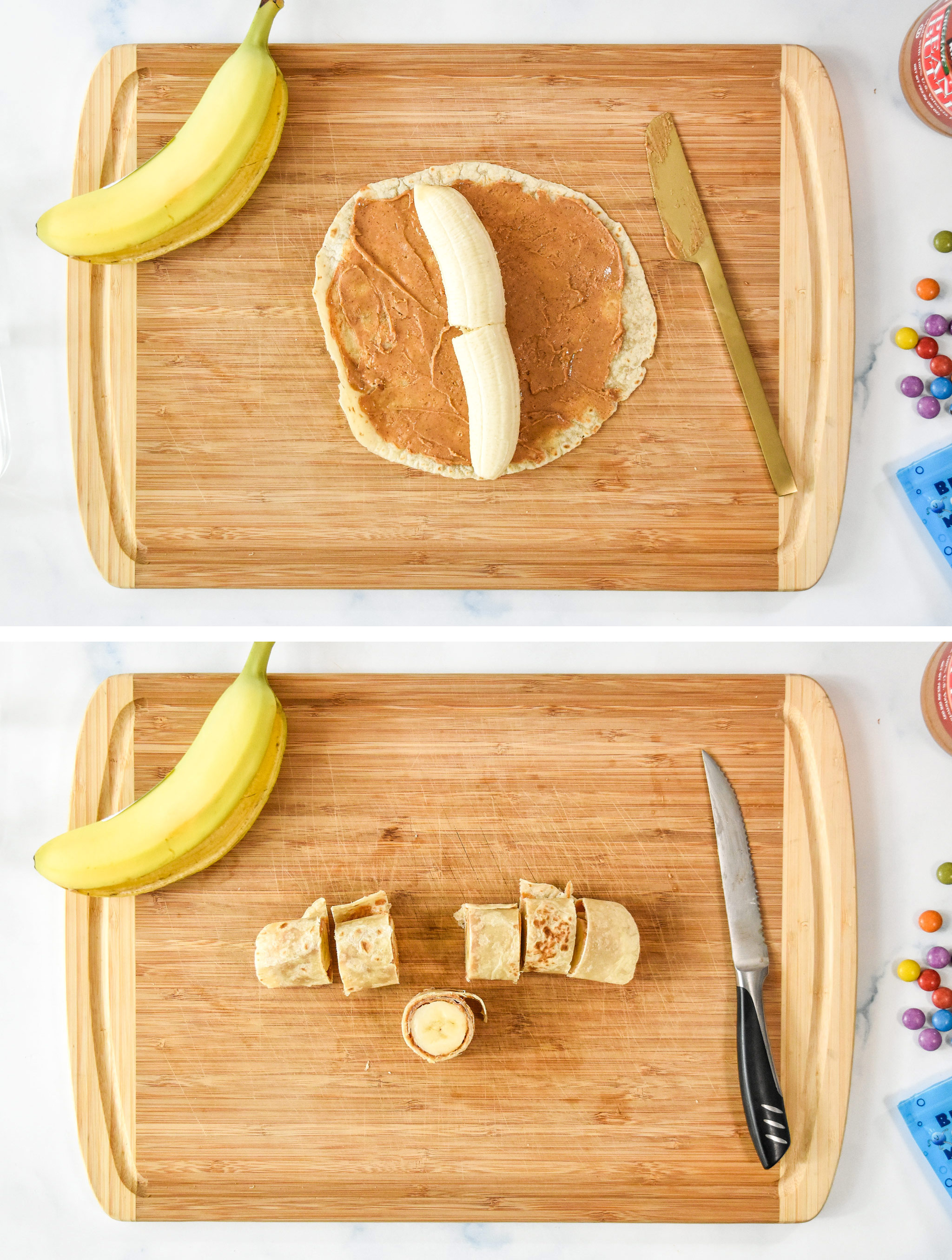 before and after rolling up a banana in a tortilla covered with peanut butter.