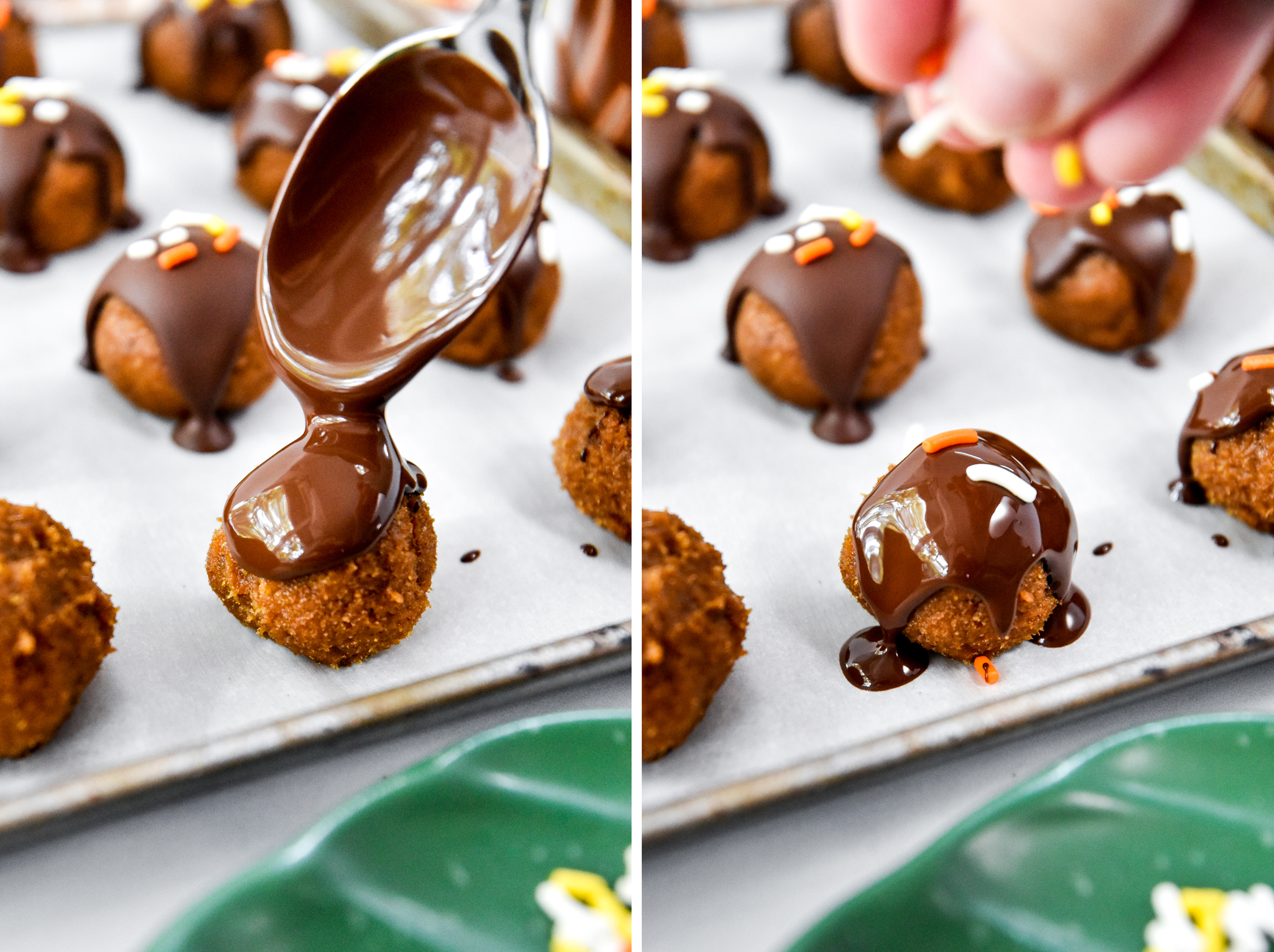 covering the no bake pumpkin pie date balls with chocolate and sprinkles.