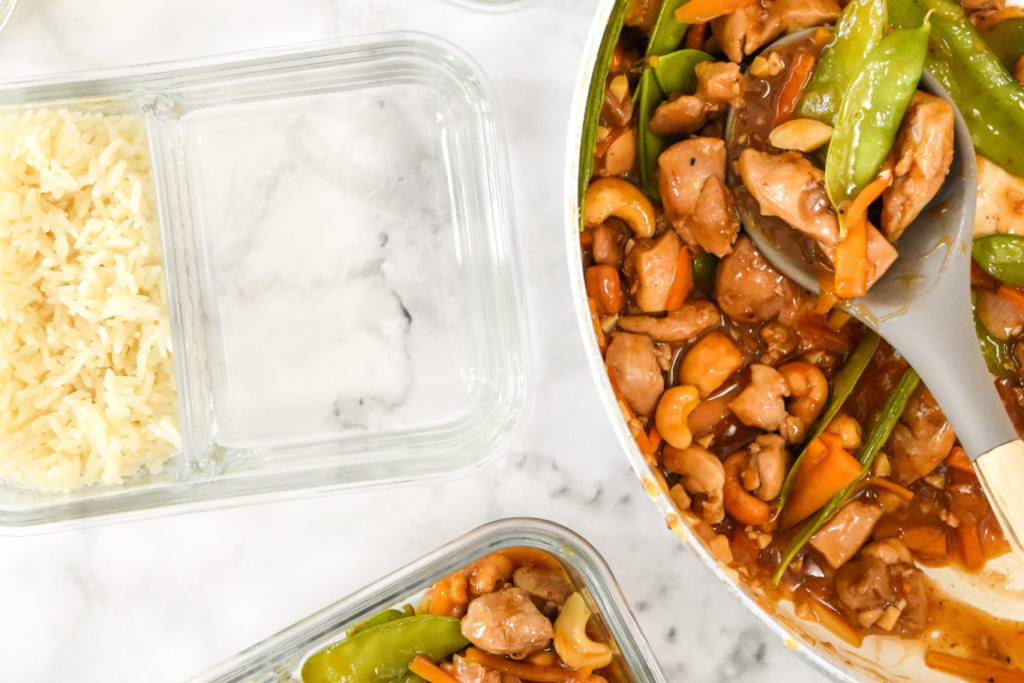 portioning cashew chicken stir-fry