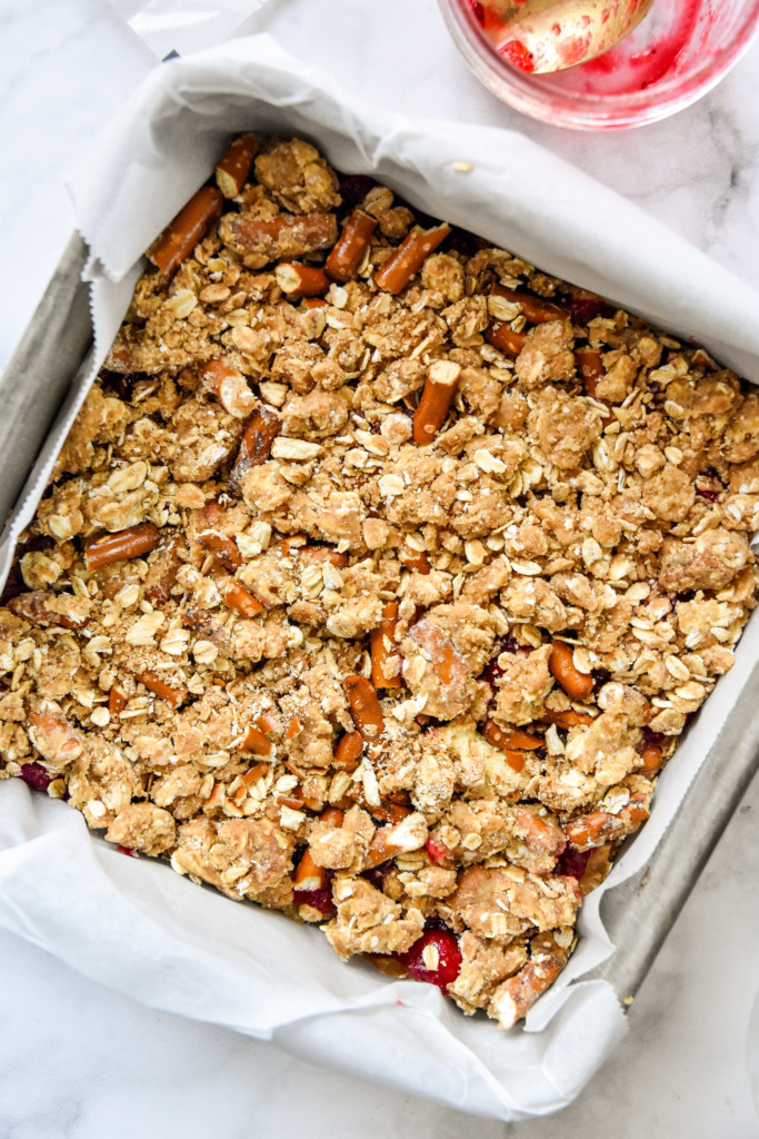 before baking the pan of cranberry pretzel oat crumble bars.