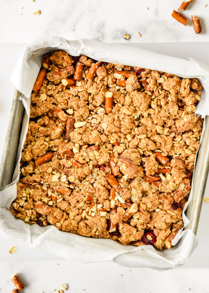 cooked and browned oat crumble bars just baked.