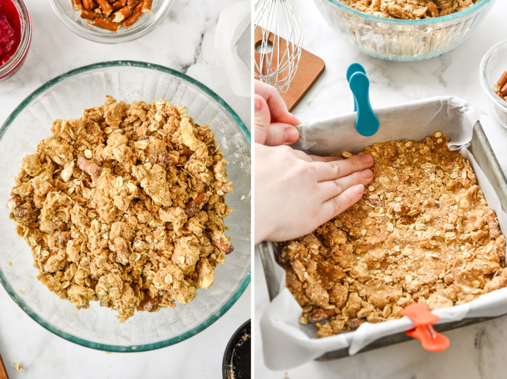 pressing the crumble mixture into the 8x8 pan with hands.