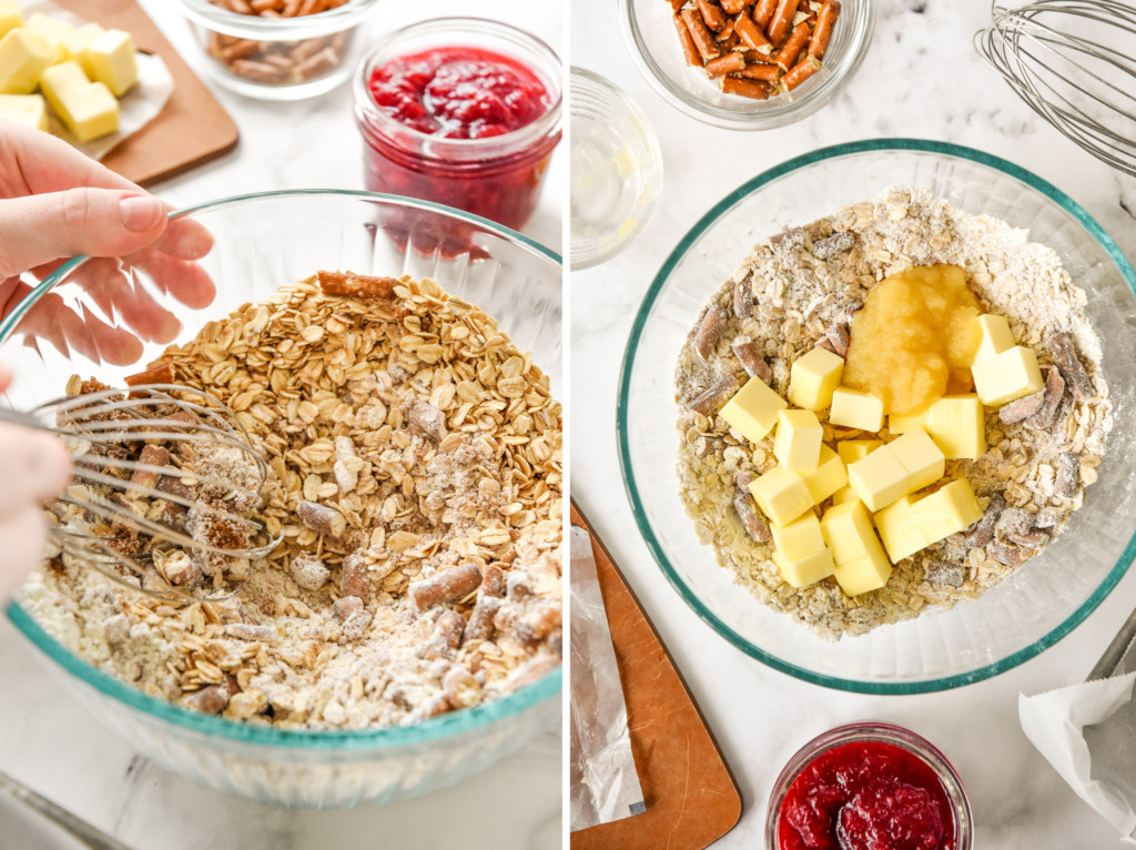 mixing the drying ingredients for the Cranberry Pretzel Oat Crumble Bars and adding butter and applesauce.