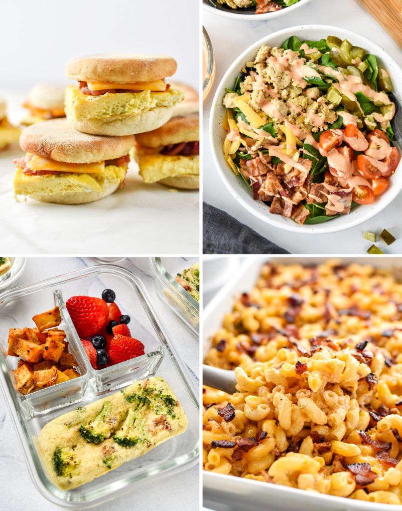 four pictures of food with bacon including sandwiches, salad, and casserole.