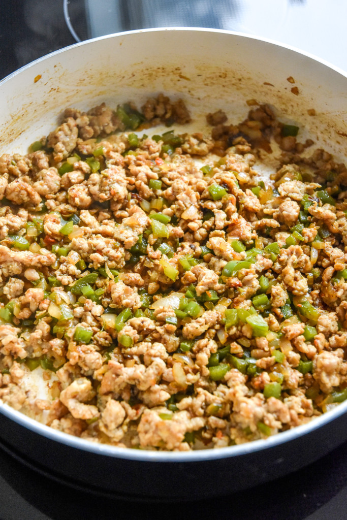 cooked meat and veggie mixture for the breakfast burritos.