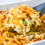 scoop of freezer friendly tuna noodle casserole fresh from the oven.
