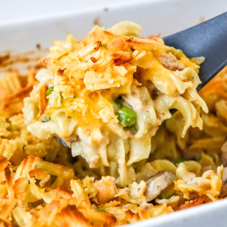 scoop of freezer friendly tuna noodle casserole fresh from the oven.