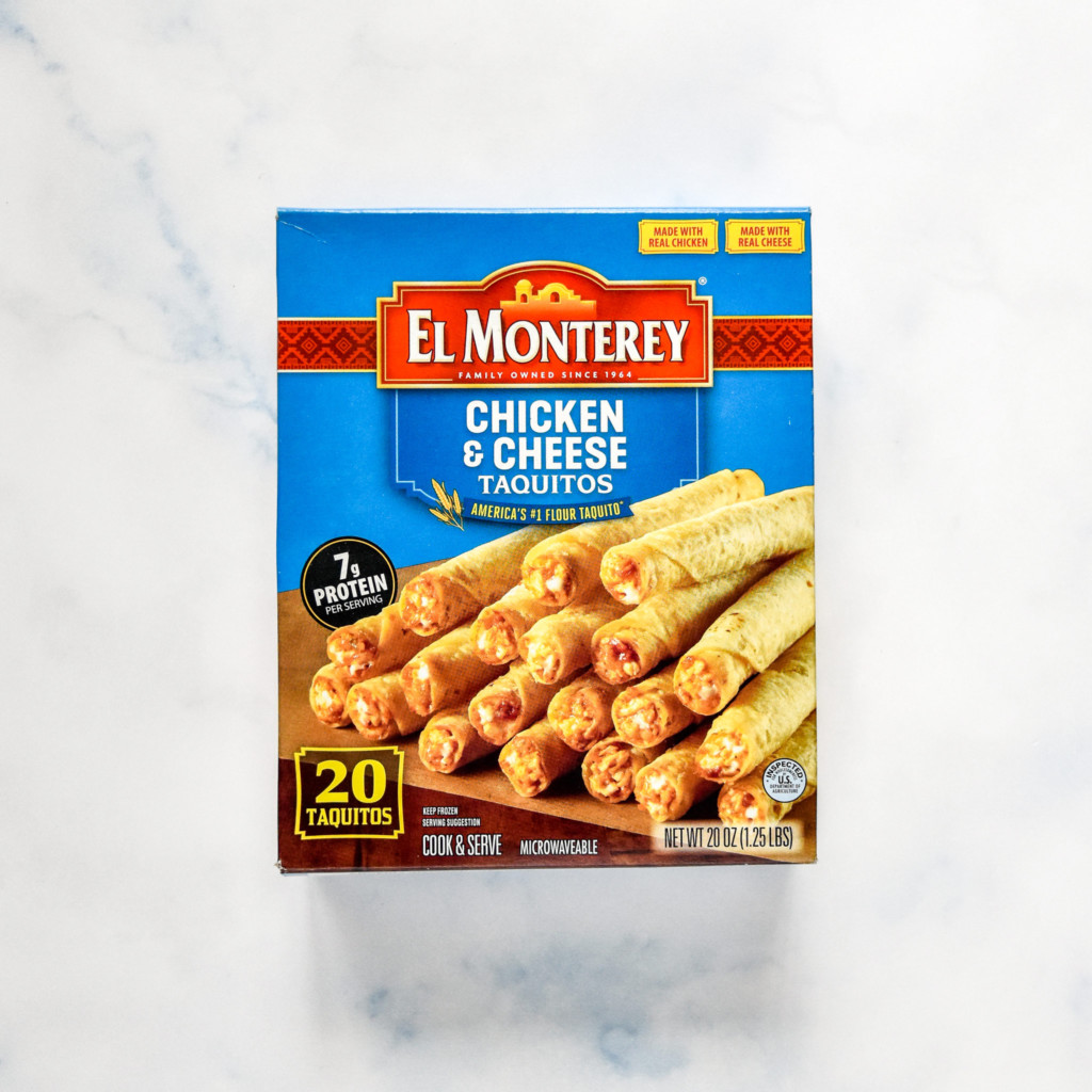 box of chicken and cheese el monterey frozen taquitos.