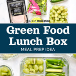 pin image with words and glass meal prep containers with green food lunch box meal prep.