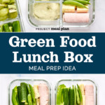 pin image with words and glass meal prep containers with green food lunch box meal prep.