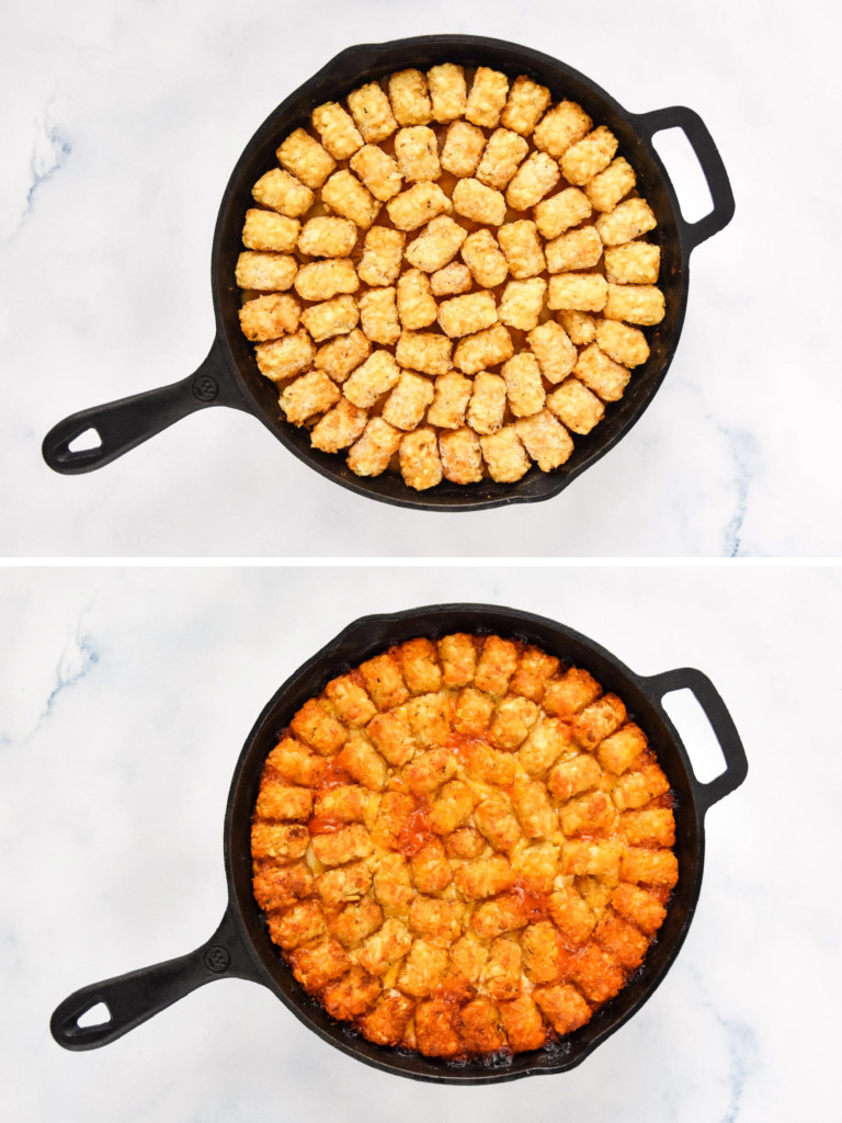 before and after cooking the turkey sloppy joe tater tot casserole.