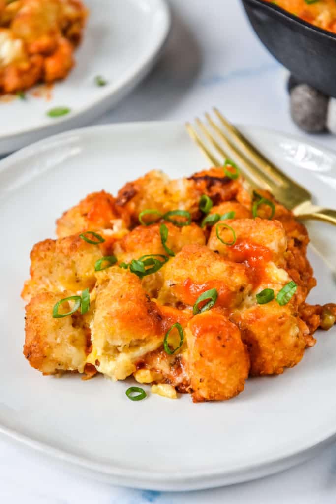 a plate with a serving of turkey sloppy joe tater tot casserole.