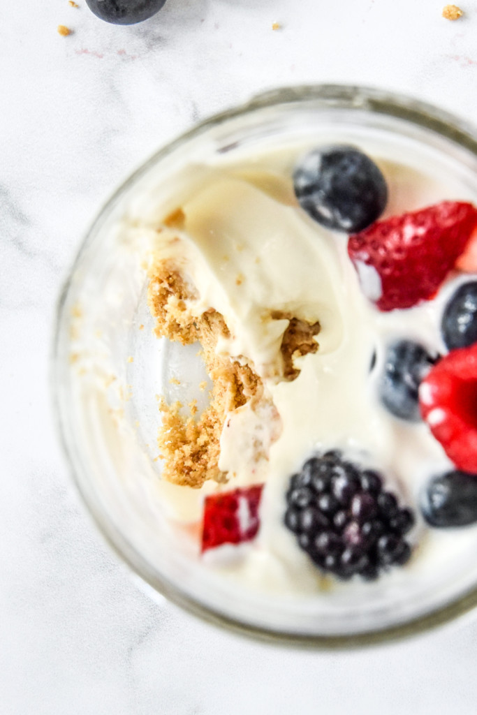top down angle into the jar of a no-bake cheesecake yogurt cup.
