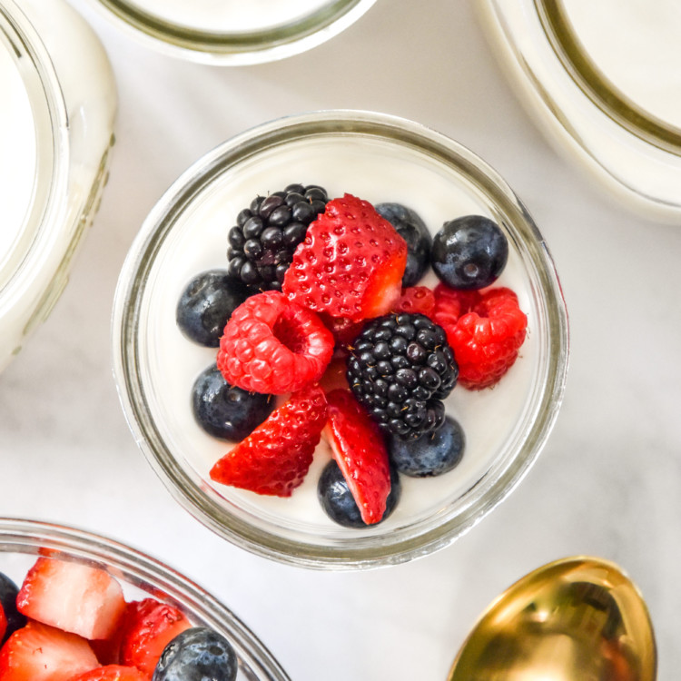 berries on top of the no-bake cheesecake yogurt cups.