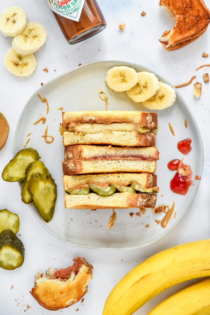 air fryer peanut butter sandwiches with all three versions on a plate facing up.