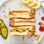 air fryer peanut butter sandwiches made 3 different ways on a plate.