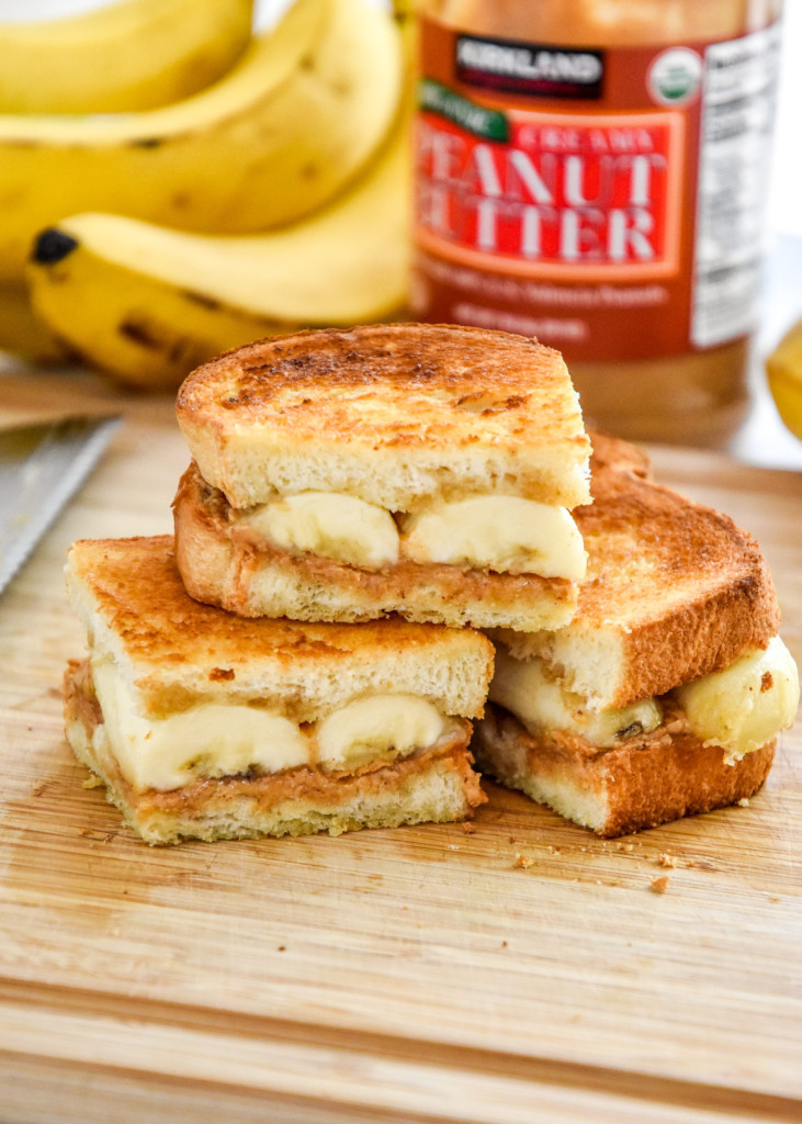 cut and stacked air fryer peanut butter and banana sandwiches.