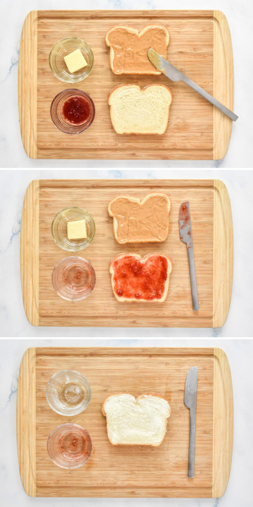step by step of making the air fryer peanut butter and jelly on a cutting board.