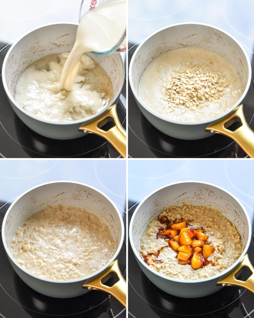 step by step of cooking oatmeal on the stovetop to make the peaches and cream oatemal.