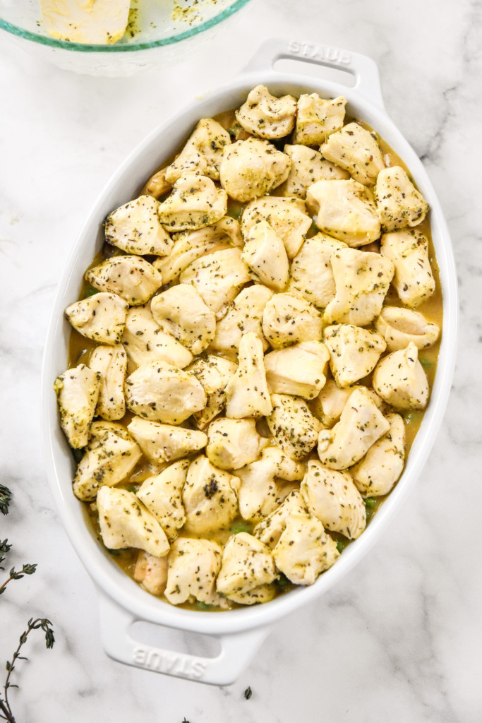 before cooking the chicken pot pie with biscuit crust.