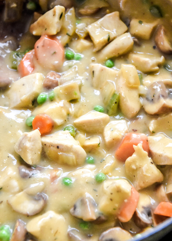 close up of the filling for the chicken pot pie with biscuit crust.