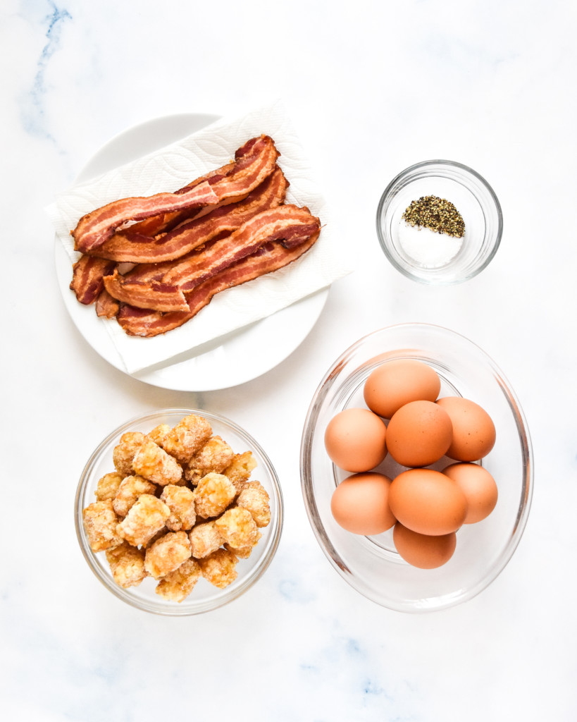 ingredients on a counter for the tater tot crust baked egg cups before cooking.