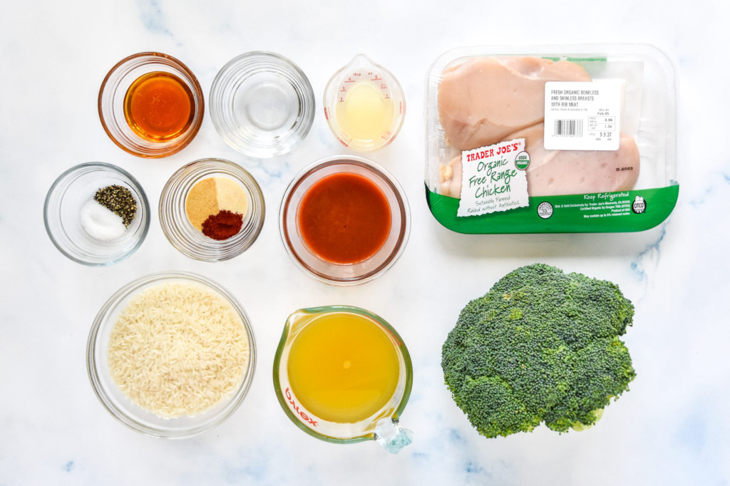 ingredients on a countertop for making the buffalo chicken and broccoli meal prep bowls.