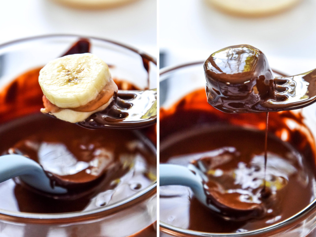 side by side of covering the banana sandwich bite with dark chocolate.