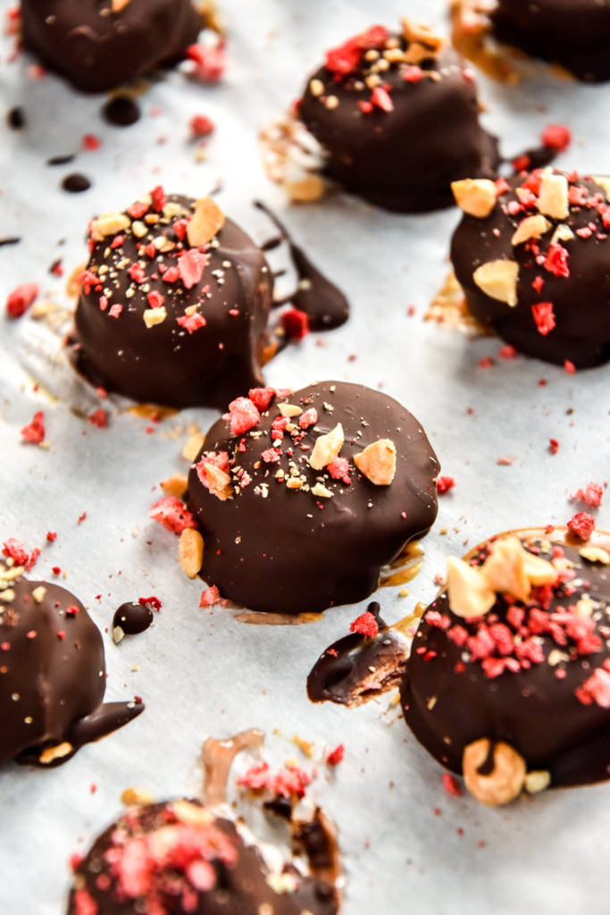 close up of frozen chocolate covered PB&J banana bites.