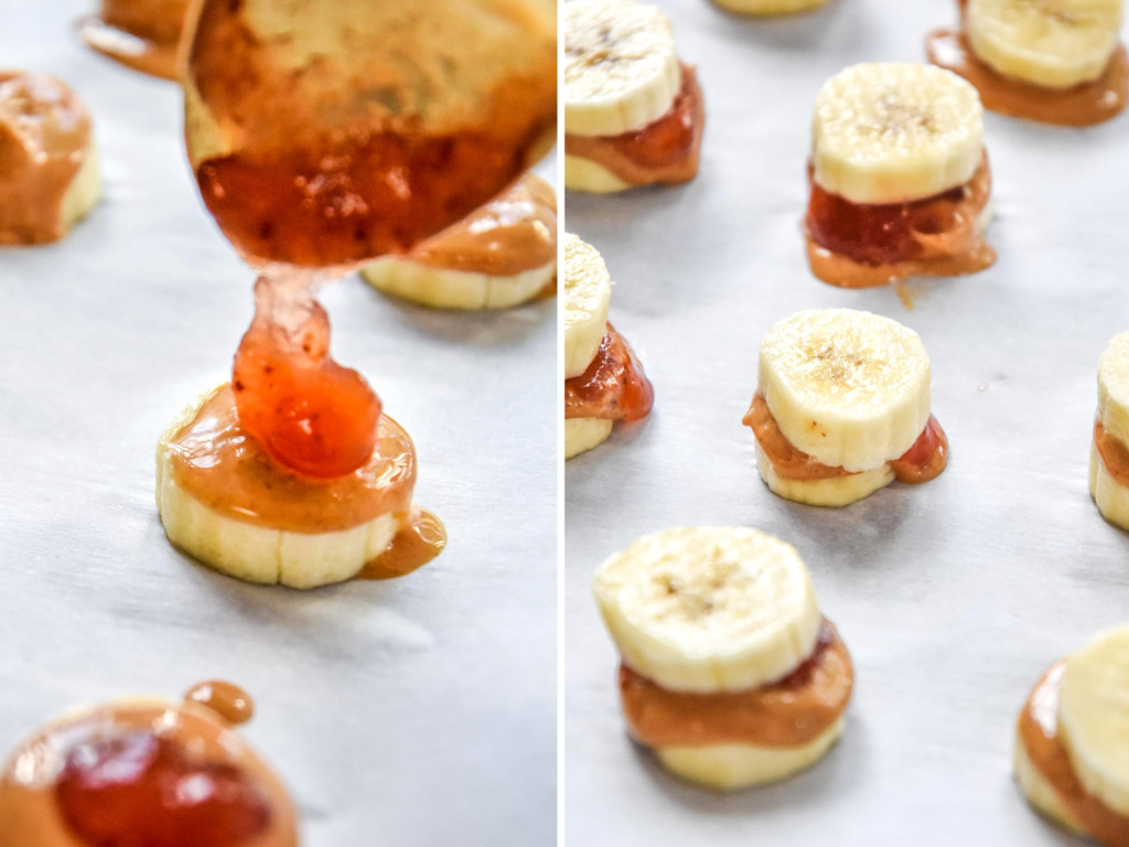 step by step of adding a dollop of jelly on the banana and making a banana sandwich.