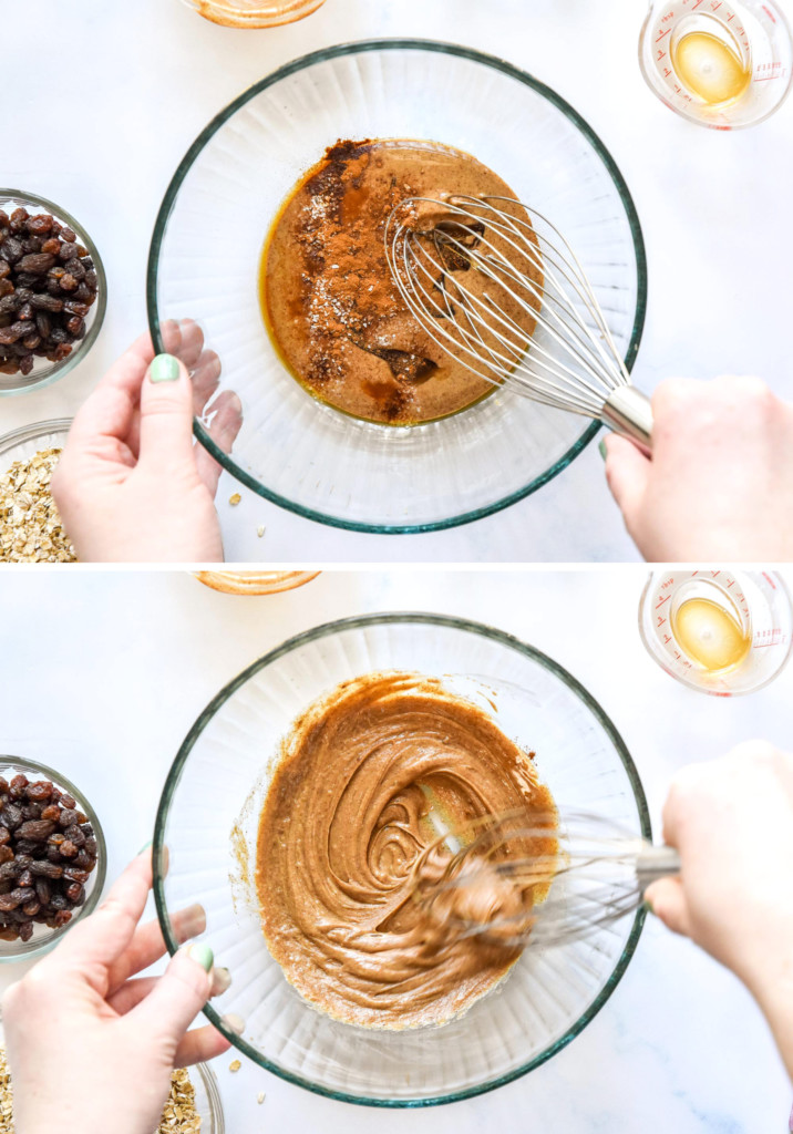 mixing the wet ingredients in a glass bowl.