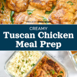 pin image with text for creamy tuscan chicken meal prep.