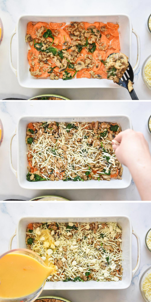 assembling the spinach feta chicken sausage breakfast casserole.