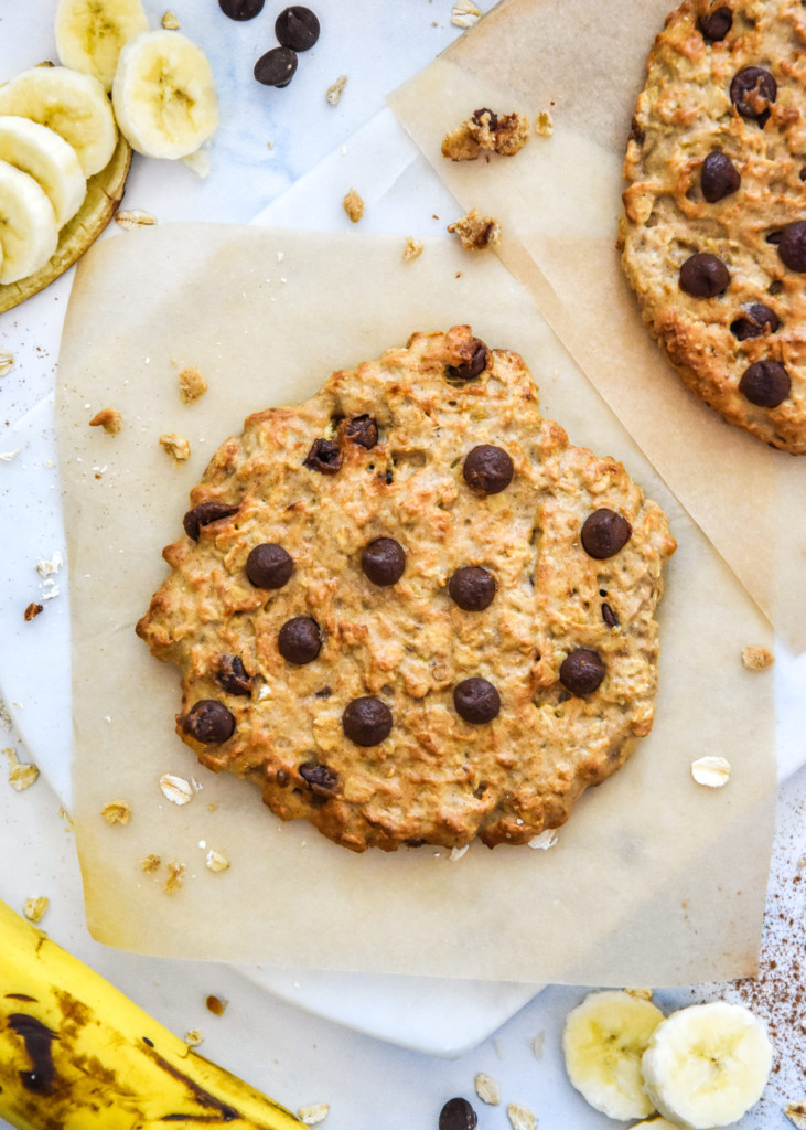 Air Fryer Banana Oatmeal Cookie for one with chocolate chips on top.