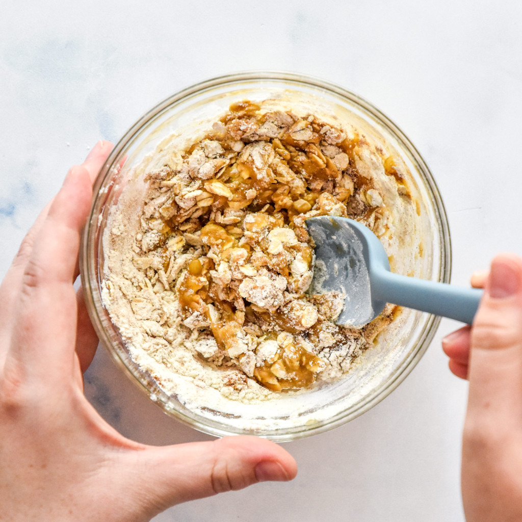 stirring up the cookie dough for the air fryer banana oatmeal cookie for one.