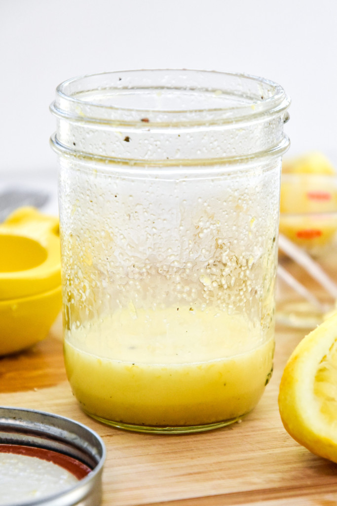 lemon olive oil dressing made in a mason jar.