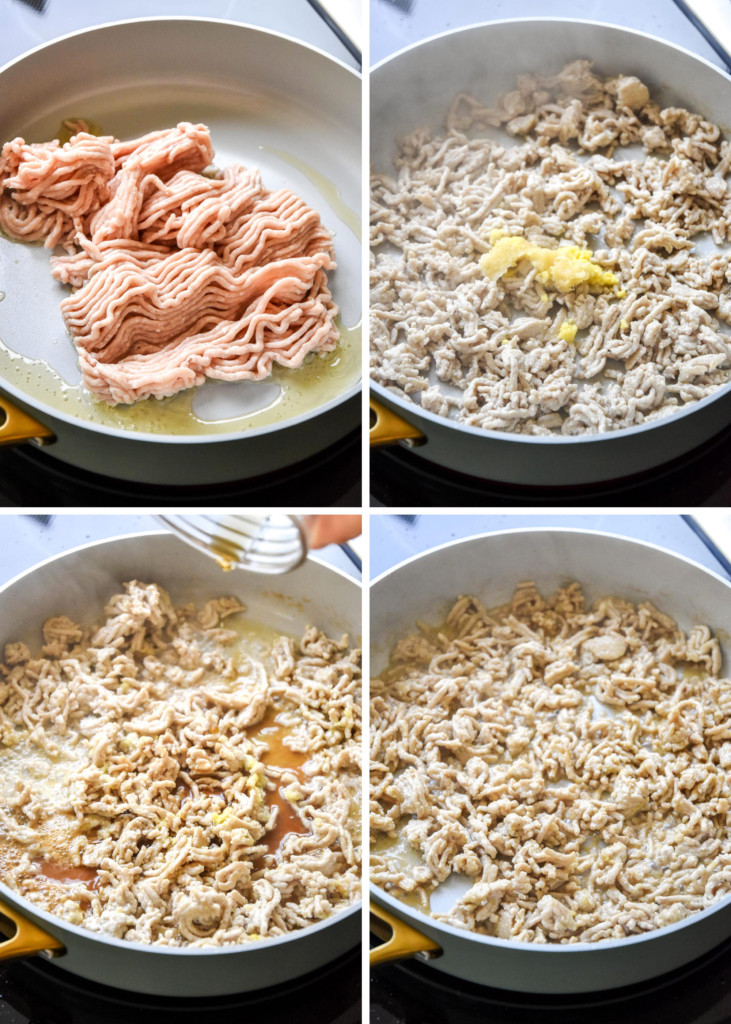 step by step of cooking the meat on the stovetop for the chicken larb.
