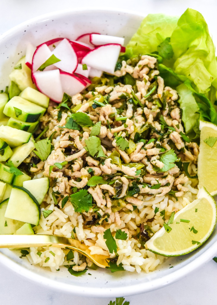 close up of thai chicken larb inspired meal prep recipe.