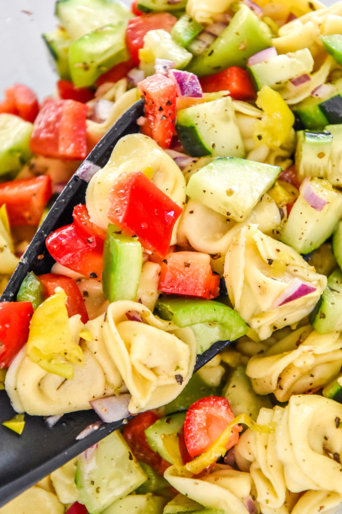 close up spoonful of tortellini salad with cucumber and peppers.