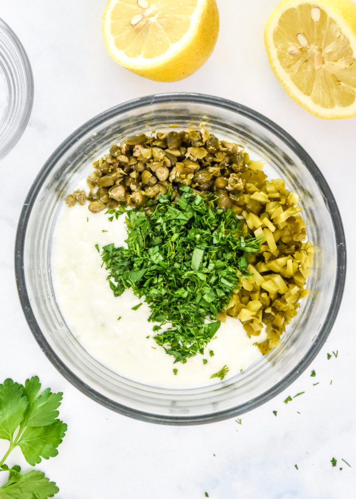 ingredients for the tartar sauce in a small bowl before mixing it up.